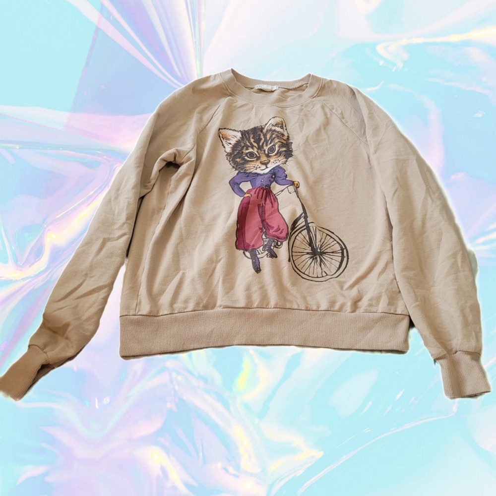 Forever 21 Medium Cotton Blend Sweater - Cat in Old-Fashioned Outfit Gra…